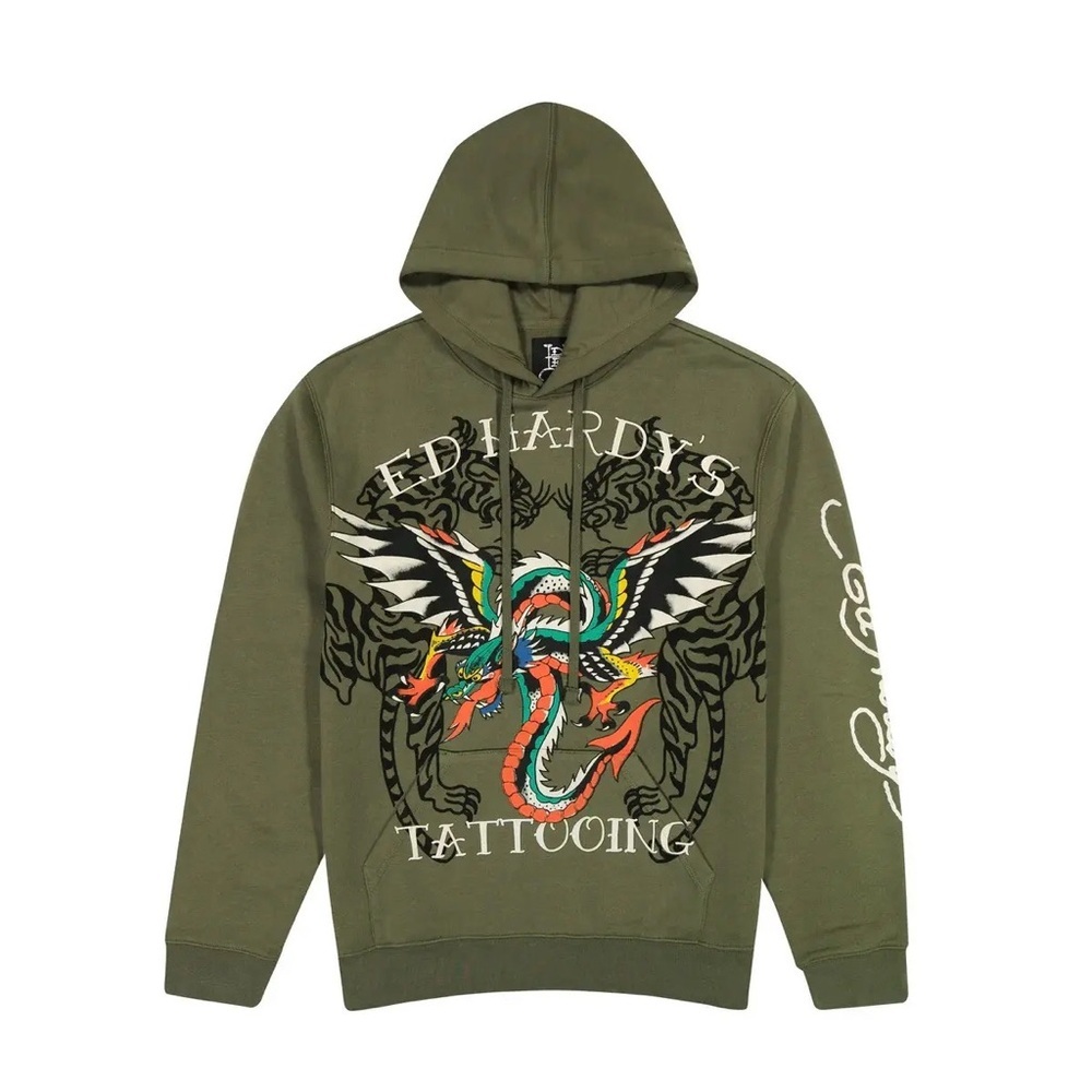Ed Hardy Dragon Wings Y2K Tattooing Olive Hoodie Mens XL
